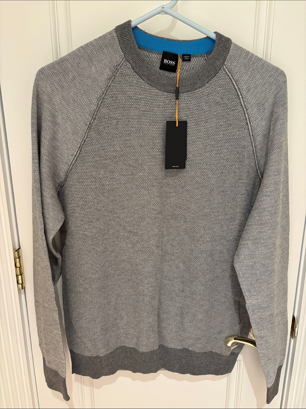 BOSS Gray Crewneck Sweater with Blue Neck Contrast